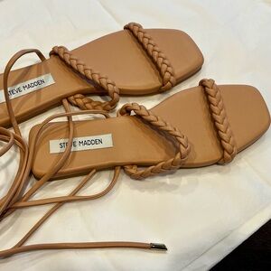 Steve Madden Tan Braided Lace-Up Flat Sandals Square Toe Size 11